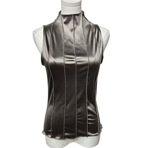 Willow + Root Tank Top Womens Small Brown Satin Mock Neck Stretch Sleeveless‎
